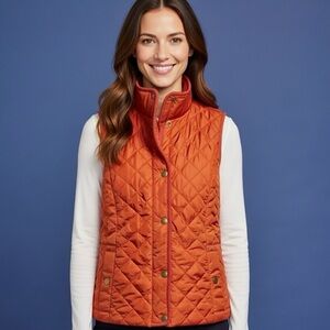 Talbots Down Quilted Puffer Vest Salmon Pink Womens Sleeveless Zip Pocket Petite